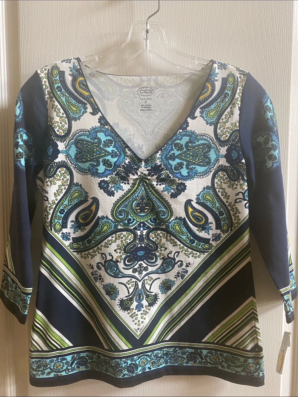 Talbots Navy and Green Paisley V-Neck 3/4 sleeves top